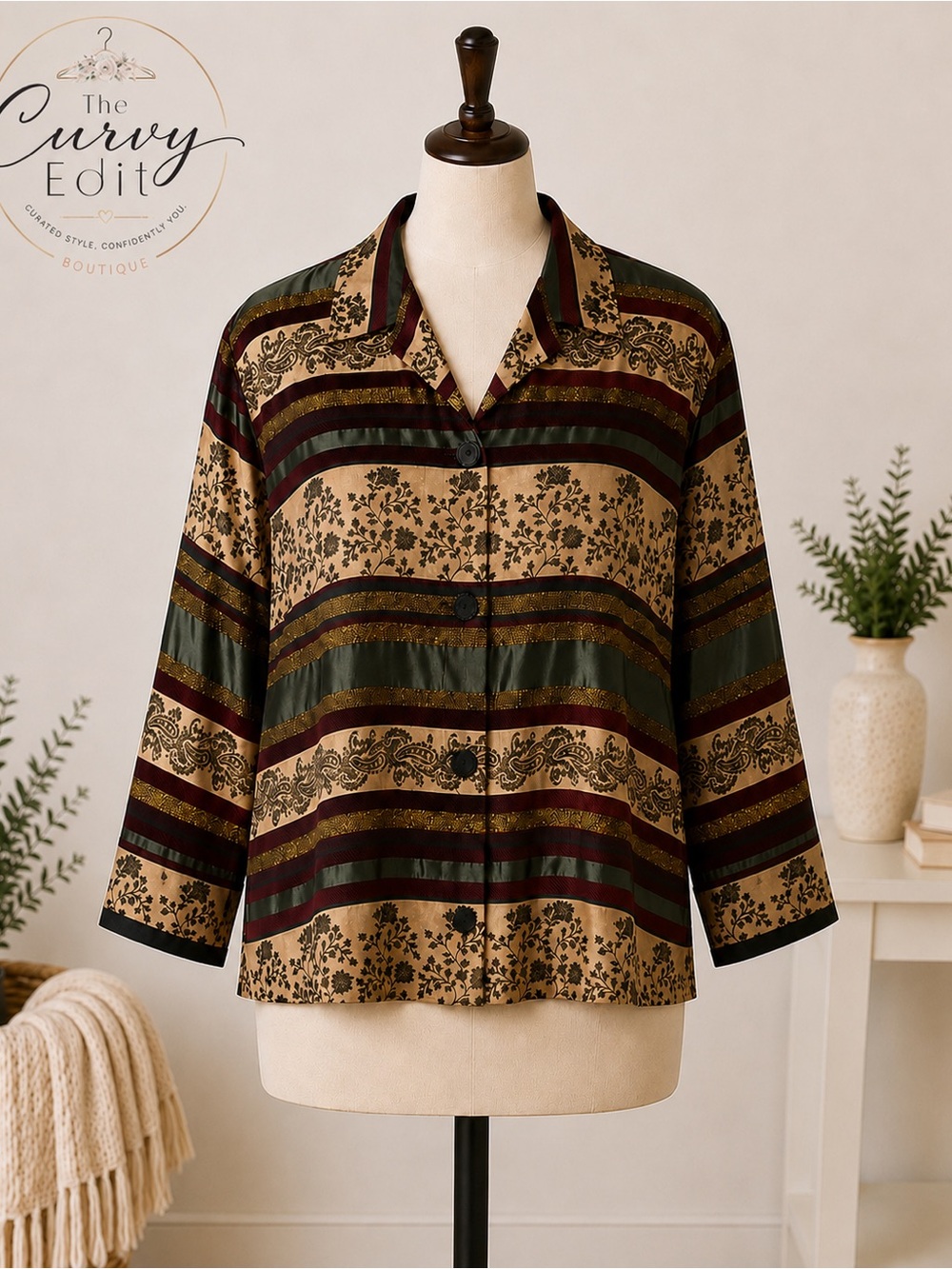 Joan Leslie Size 16 Rayon Acetate Mixed Print Artwear Vintage Button Blouse Chic